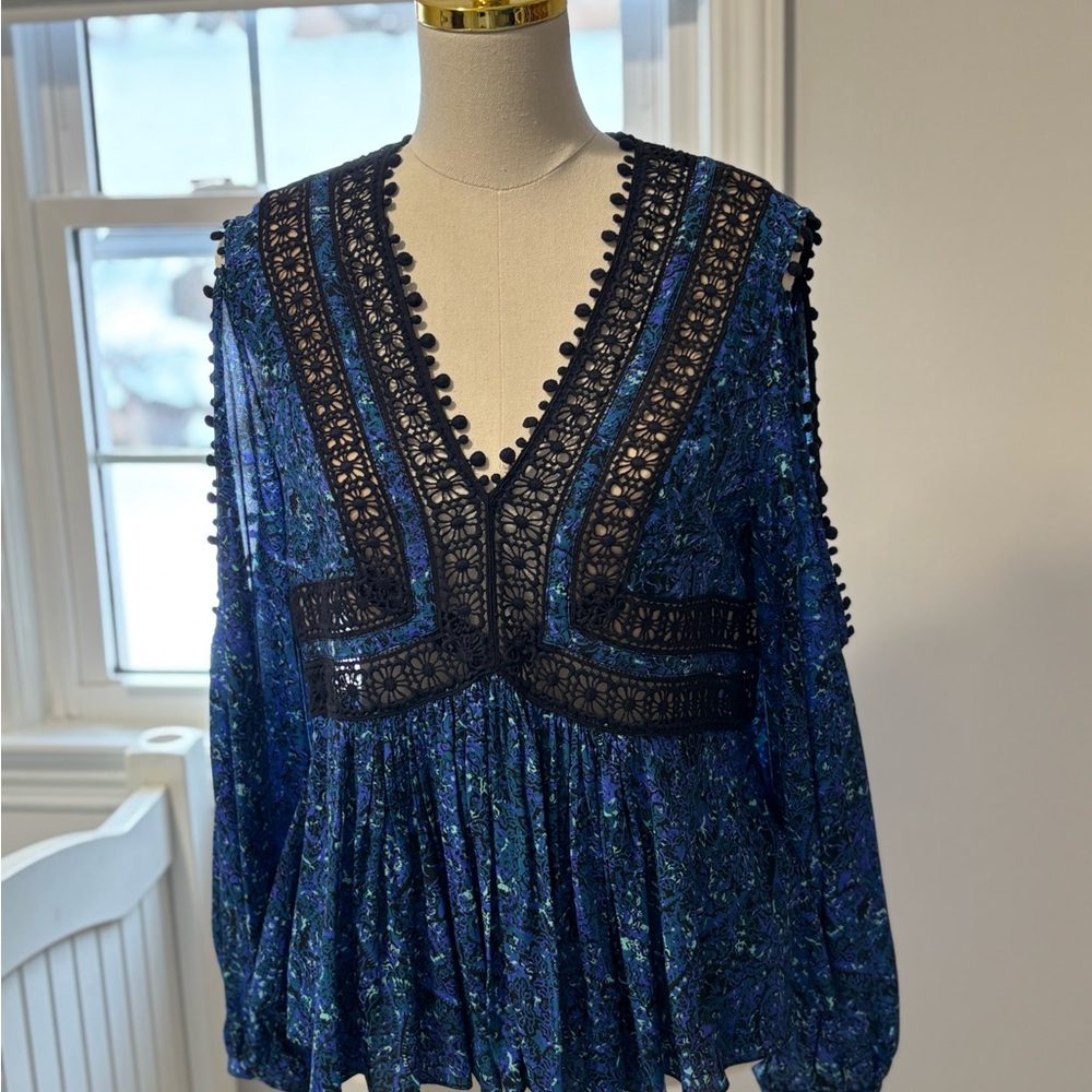 Rebecca Taylor Blue and Black Lace Blouse
